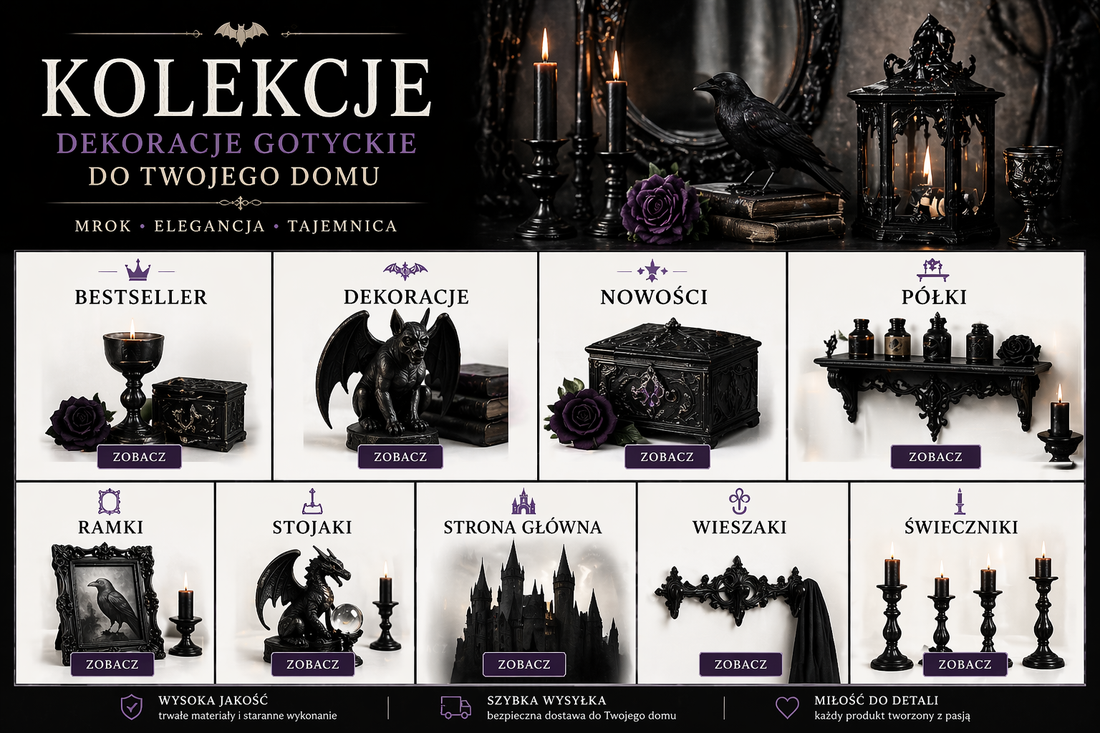 Dekoracje gotyckie do domu – styl gothic, świeczniki, półki, akcesoria